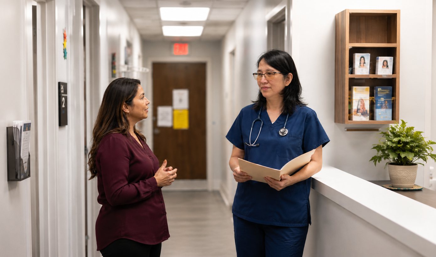 A clinician welcoming a patient at the clinic