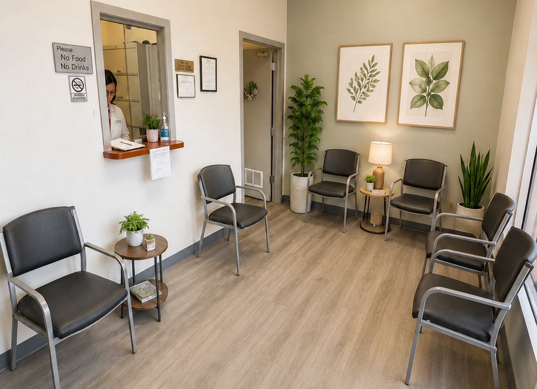 Clean, comfortable waiting room at Central Park Wellness
